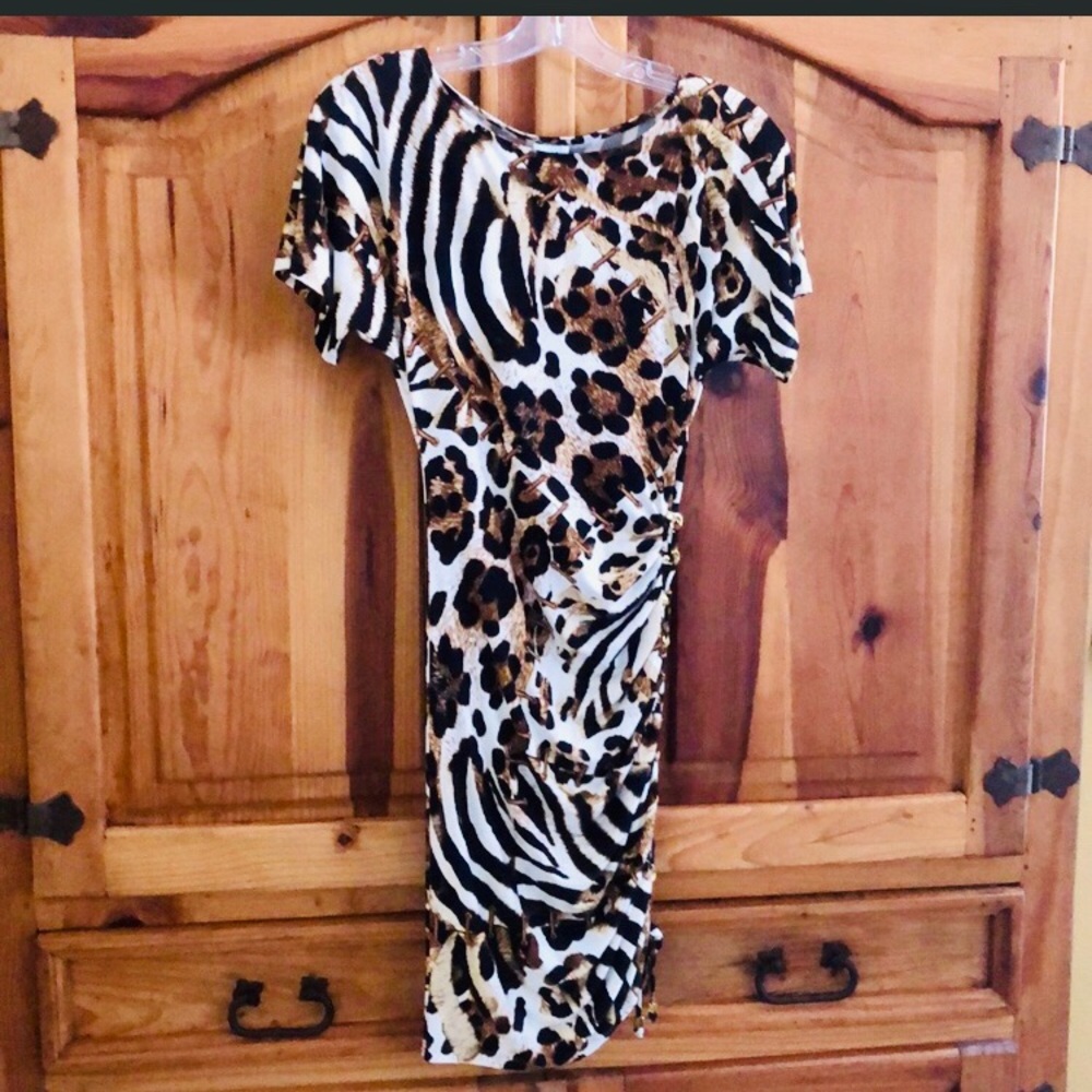 Cache Animal Print Short Sleeve Asymmetrical Dress